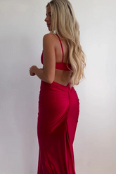 V-Neck 2025 Red Senior Prom Dress Satin Sexy Evening Gown Spaghetti Straps